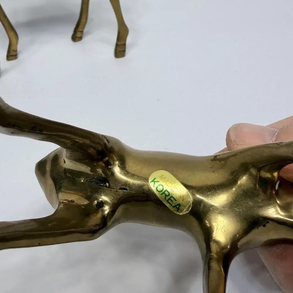 2 Vintage Brass Deer Figurines Buck Doe Reindeer Holiday Decor India MCM 6
